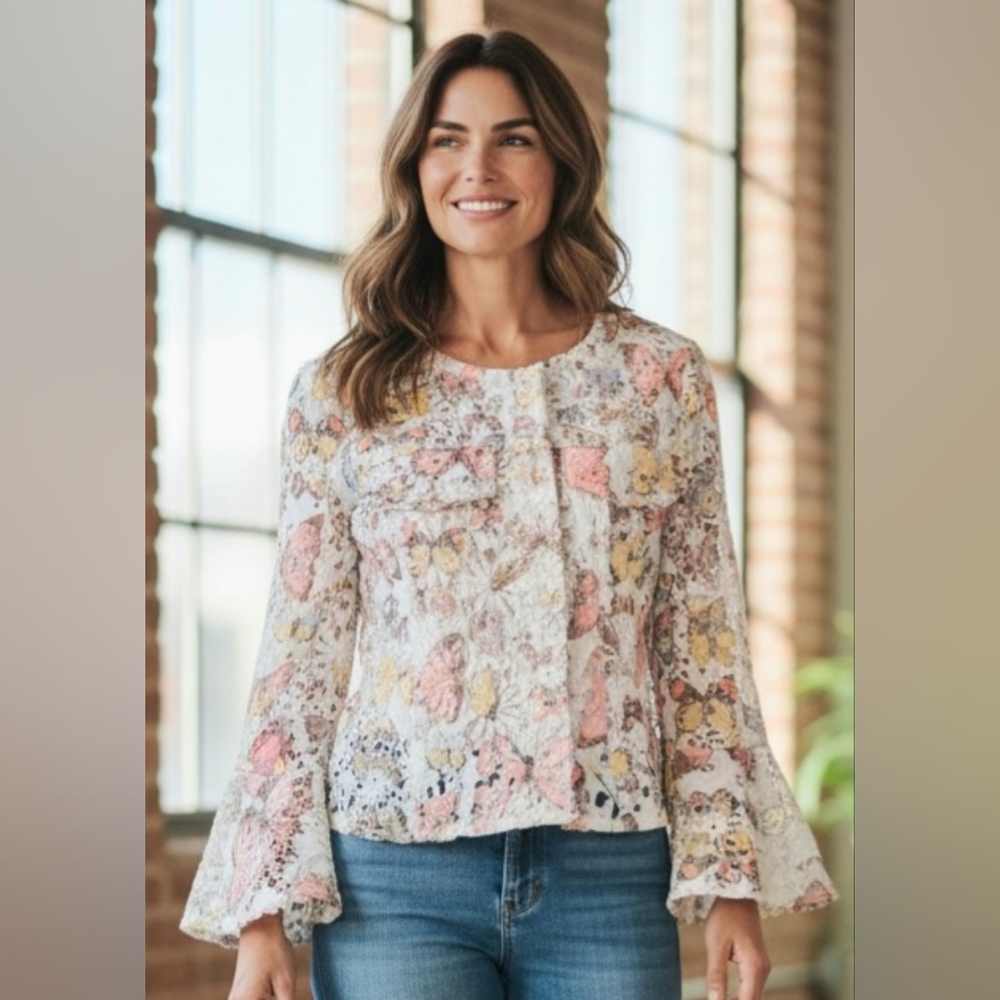 White Floral Lace Bell-Sleeve Blouse with Pastel Accents